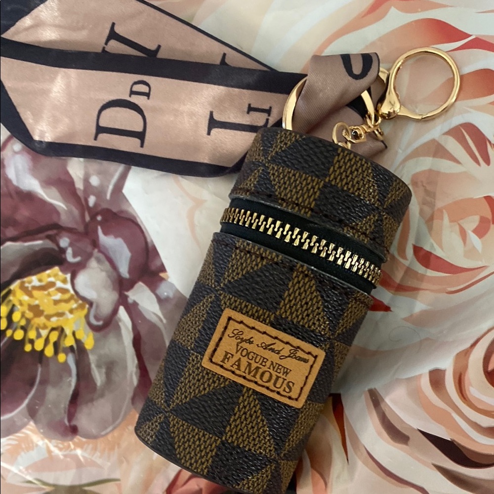 Brown and Black Checkered Keychain Pouch